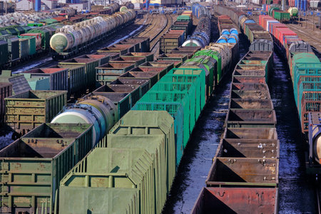 St. Petersburg, Russia - March 27, 2019: Top view of the sorting railway station for freight transport. Freight cars during sorting. Industrial transport of various goods.のeditorial素材