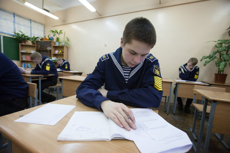 ST. PETERSBURG, RUSSIA - FEBRUARY 18, 2014: Naval Cadet School. Students in the classroom in the...