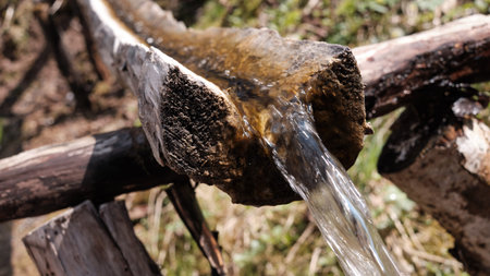 In a wooden gutter made of a log stream of cold water in a forest. Equipped spring. An old log covered in moss. Wild nature. Summer day in the shade and cool.の写真素材