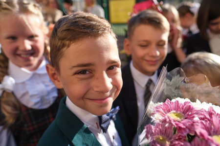 St. Petersburg, Russia - September 2, 2019: Solemn meeting of schoolchildren before the start of the...
