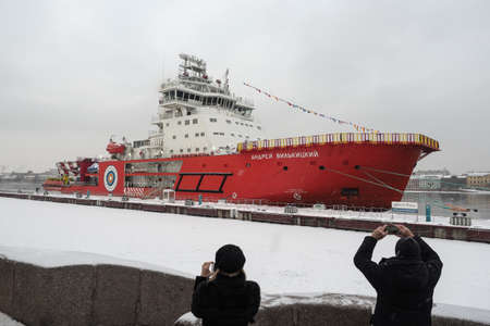 St. Petersburg, Russia - December 20, 2018: new icebreaker Andrei Vilkitsky. This is a high-tech vessel with a diesel-electric propulsion system and fully automated controlのeditorial素材