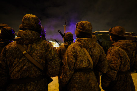 St. Petersburg, Russia - January 23, 2019: Night Training parade of troops on the Palace Square in...