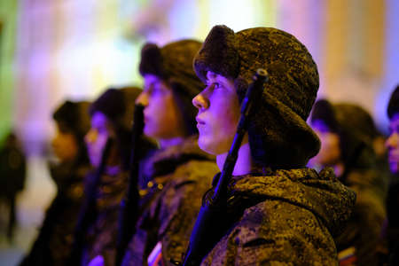 St. Petersburg, Russia - January 23, 2019: Night Training parade of troops on the Palace Square in honor of the day of lifting the blockade of the city in World War II. Marching of military columnsのeditorial素材