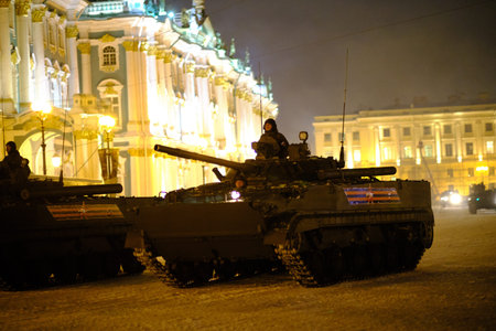 St. Petersburg, Russia - January 23, 2019: Night Training parade of troops on the Palace Square in honor of the day of lifting the blockade of the city in World War II. Marching of military columnsのeditorial素材