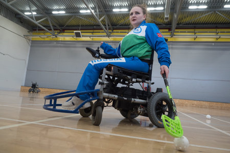 St. Petersburg, Russia - February 9, 2019: Young female sportswomen in wheelchairs prepare for...
