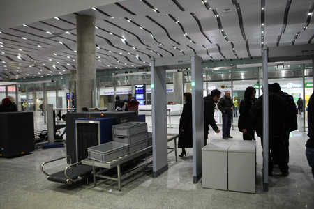 St. Petersburg, Russia - December 3, 2013: Baggage and hand luggage inspection at Pulkovo airport....