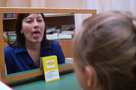 St. Petersburg, Russia - February 27, 2020: A speech therapist specialist conducts speech correction...