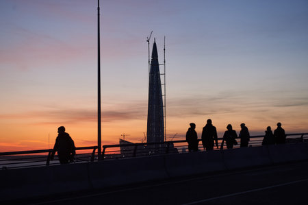 St. Petersburg, Russia - April 12, 2018: High-rise business center - the tallest building in Europe - a gasprom tower made of metal and glass against the sunset skyのeditorial素材