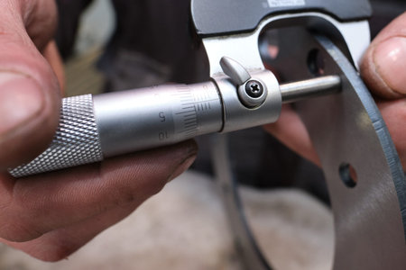 The process of measuring the ring of a large diesel engine in a machine-building plant using a simple, accurate micrometer with a conventional scale, a steel product at the point of general technical controlの写真素材