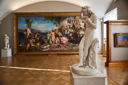 St. Petersburg, Russia - February 17, 2015: State Russian Museum. Hall without spectators. Nobody. Semiradsky's painting "Phryne at the festival of Poseidon in Elevzin"のeditorial素材