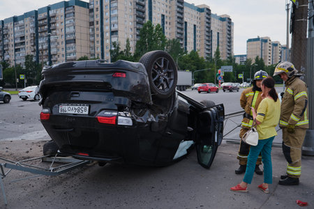 Saint Petersburg, Russia - July 21, 2020: Cherokee SUV jeep inverted after a severe road collision...