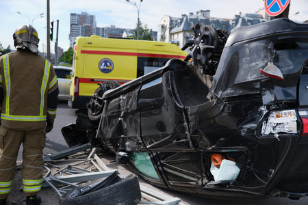 Saint Petersburg, Russia - July 21, 2020: Cherokee SUV jeep inverted after a severe road collision...