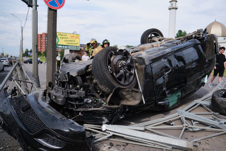 Saint Petersburg, Russia - July 21, 2020: Cherokee SUV jeep inverted after a severe road collision...