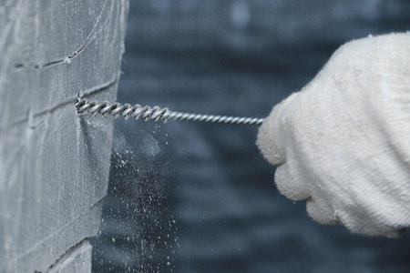Cleaning of small holes drilled in a concrete wall for chemical anchors from crumbs and dust. Work...