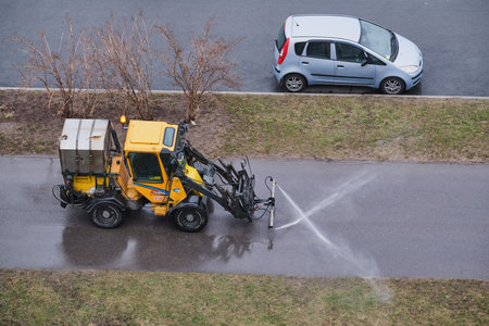 Saint Petersburg, Russia - April 18, 2020: Special equipment on the sidewalk with detergents...