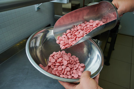 Chocolate colored pink in a metal scoop in the hands of a pastry chef against the background of...