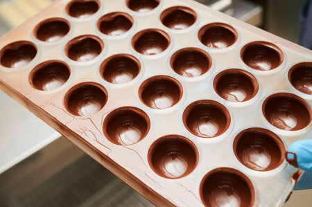 Figured molds for small-scale production of chocolate sweets against the background of the production line in the factory workshopの写真素材