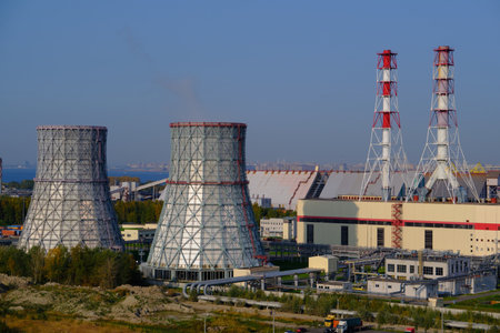 Saint Petersburg, Russia - September 26, 2020: View of the Yugo-Zapadnaya CHPP - a modern power plant with high standards of environmental protection. Building, chimney, bright dayのeditorial素材