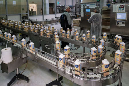 Leningrad Region, Russia - November 5, 2019: The final stage in the production of yoghurts, working inspectors check the quality and integrity of the product packaging, conveyor at a food factory.のeditorial素材