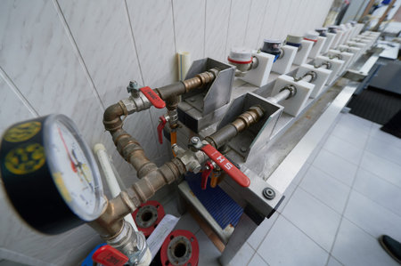 Saint Petersburg, Russia - September 16, 2020: Stand with precisely defined containers of liquids to check the performance and quality of cold and hot water metersのeditorial素材