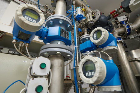 Saint Petersburg, Russia - September 16, 2020: Stand with precisely defined containers of liquids to check the performance and quality of cold and hot water metersのeditorial素材