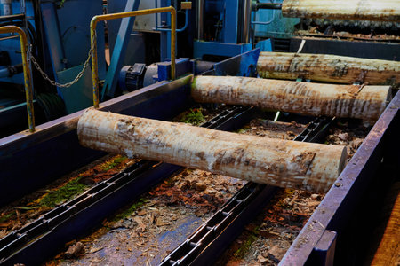 Wood processing at a sawmill. Preparation of a log for the production of plywood and veneer, sawing...