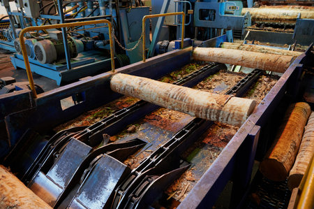 Wood processing at a sawmill. Preparation of a log for the production of plywood and veneer, sawing...