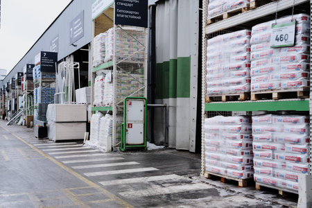 Saint Petersburg, Russia - January 25, 2018: Warehouse storage on racks of building materials for...