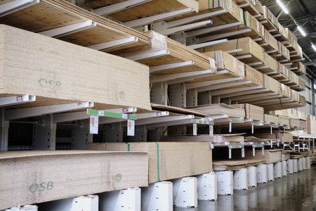 Saint Petersburg, Russia - January 25, 2018: Warehouse storage on racks of building materials for retail sale in a specialized store. Pallets with packed items.のeditorial素材