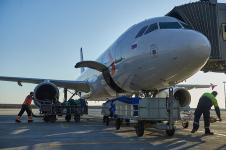 St. Petersburg, Russia - October 22, 2019: the aircraft of the Aeroflot Airbus VQ-BST during loading...