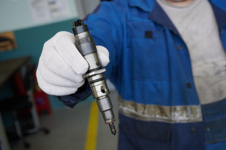 At the stand, the process of checking the operability and wear, the operational properties of the nozzle of a diesel internal combustion engine, close-up, car serviceの写真素材