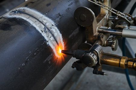 Mechanized, precise cutting of large diameter steel pipe using special equipment autogen, circular motion of the cutting partの写真素材