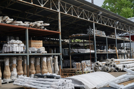 warehouse of finished neatly packed products, shelves with goodsのeditorial素材