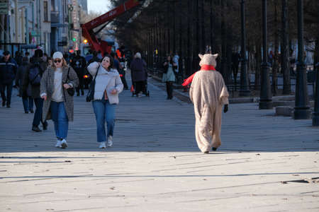 Festive procession and street concert of clowns on April Fools Dayのeditorial素材