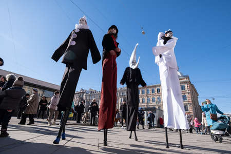 Festive procession and street concert of clowns on April Fools Dayのeditorial素材