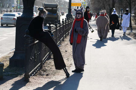 Festive procession and street concert of clowns on April Fools Dayのeditorial素材