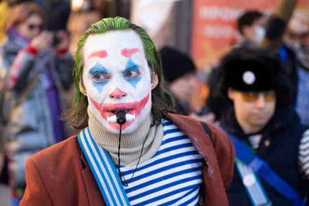 Festive procession and street concert of clowns on April Fools Dayのeditorial素材