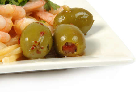 healthy food.olives,pasta and prawnsの写真素材