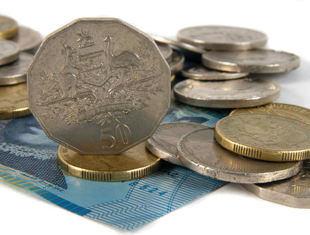 australian cash and coins over whiteの写真素材