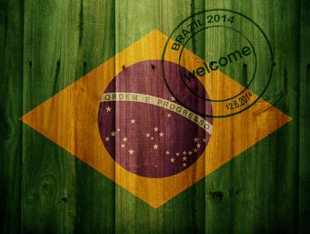 wooden fence texture with brazil flag and stampの写真素材