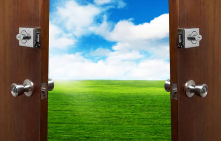 open doors and landscape viewの写真素材