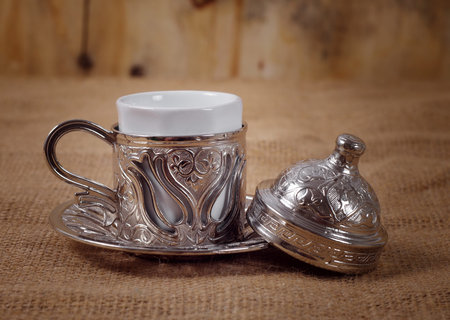 traditional Turkish coffee cup on tableの写真素材
