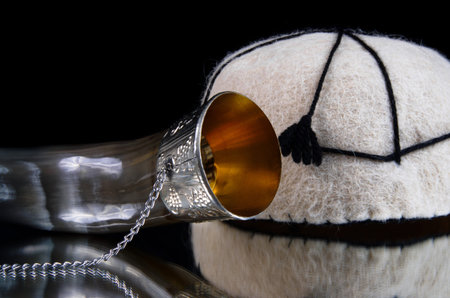 Georgian traditional horn for wine drinking with hatの写真素材