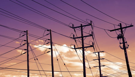 power station cables on sunsetの写真素材