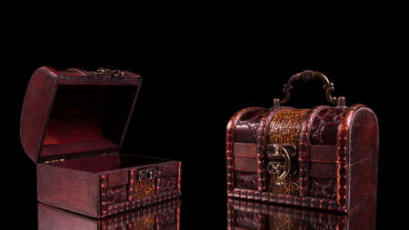 vintage treasure chests closeup on tableの写真素材