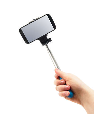 taking selfie picture on whiteの写真素材