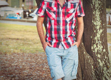 man in the park with casual clothes,shallow DOFの写真素材