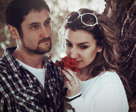 young couple outdoors,Vintage lookの写真素材