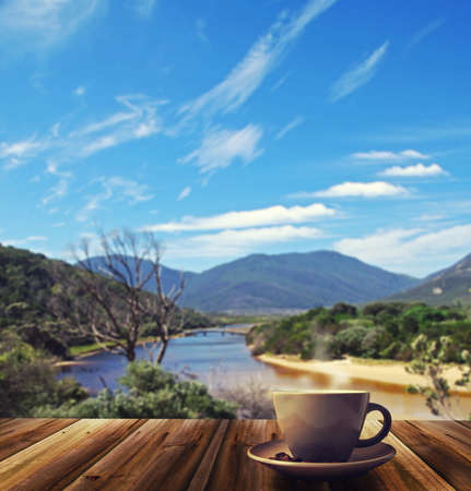 coffee cup on the nature backgroundの写真素材