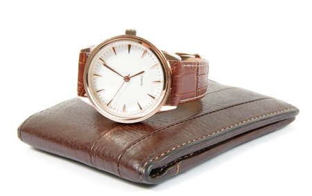 elegant watch and wallet on whiteの写真素材